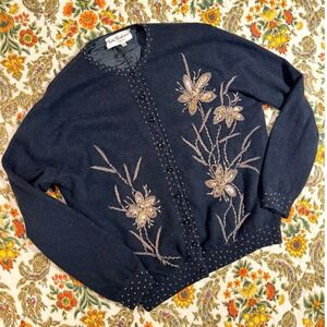 Vintage Fully Fashioned Fur Blend Black Bronze Beaded Floral Cardigan Sweater
